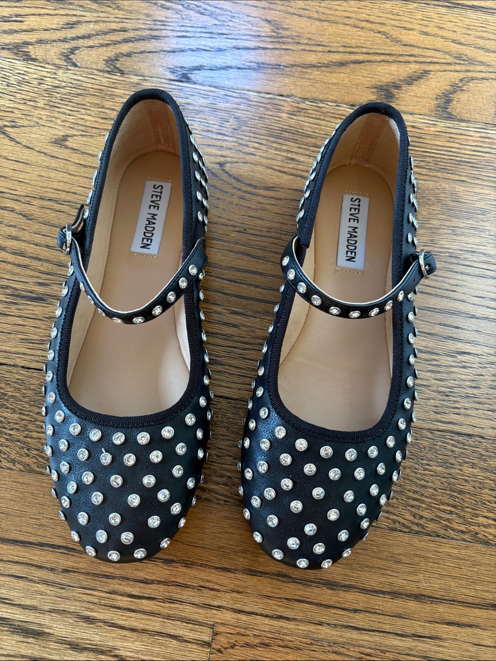 Steve Madden Vinetta Black & rhinestone Studded Mary Jane baller flats, 7.5